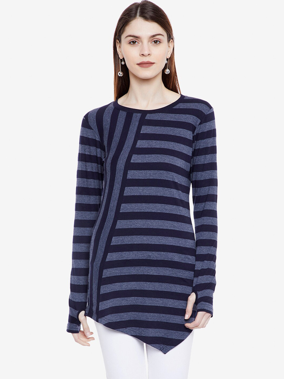 Hypernation Striped Long Sleeves Slim Fit Pure Cotton T-shirt