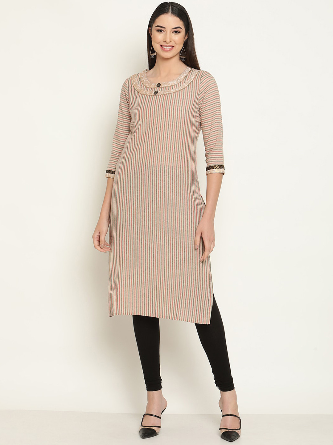 Be Indi Women Round Neck Striped Straight Side Slits Regular Kurta