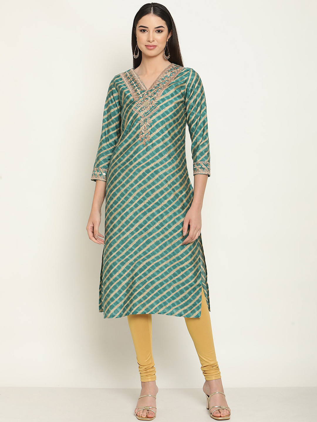 Be Indi Women V-Neck Striped Straight Chanderi Silk Side Slits Festive Kurta