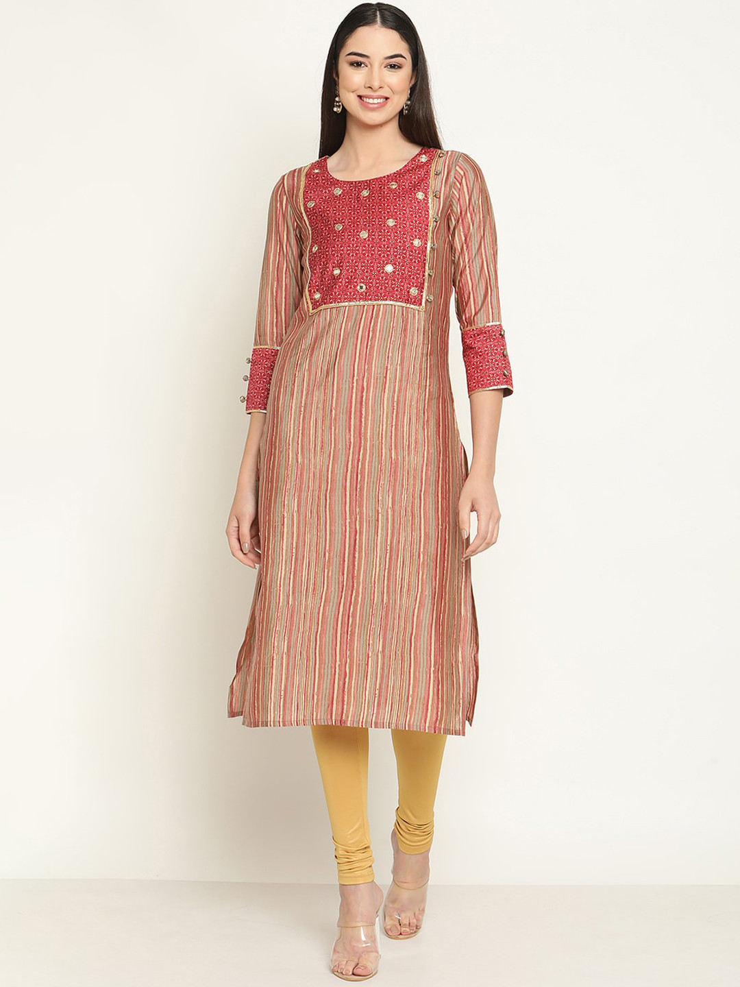 Be Indi Women Round Neck Striped Straight Chanderi Silk Side Slits Regular Kurta