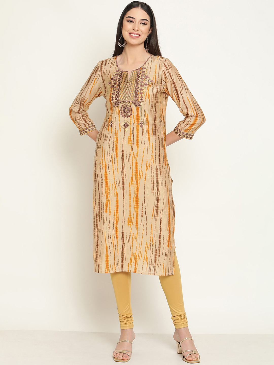 Be Indi Women Round Neck Abstract Straight Chanderi Silk Side Slits Festive Kurta