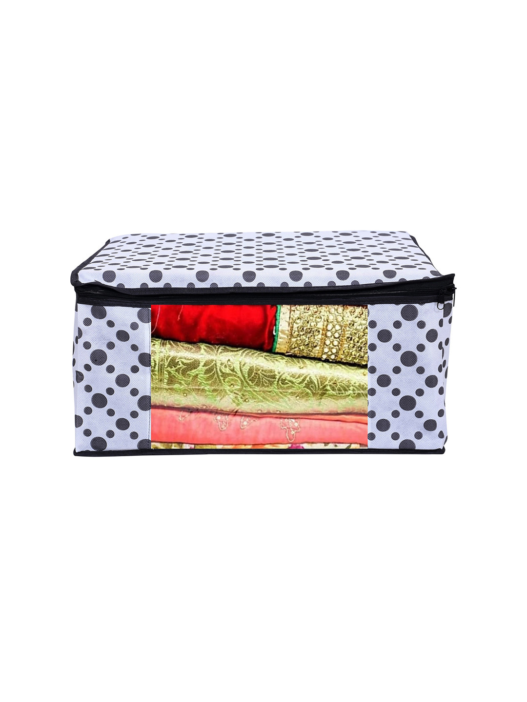 Home Fresh White & Black Polka Dot Printed Saree Cover With Transparent Window