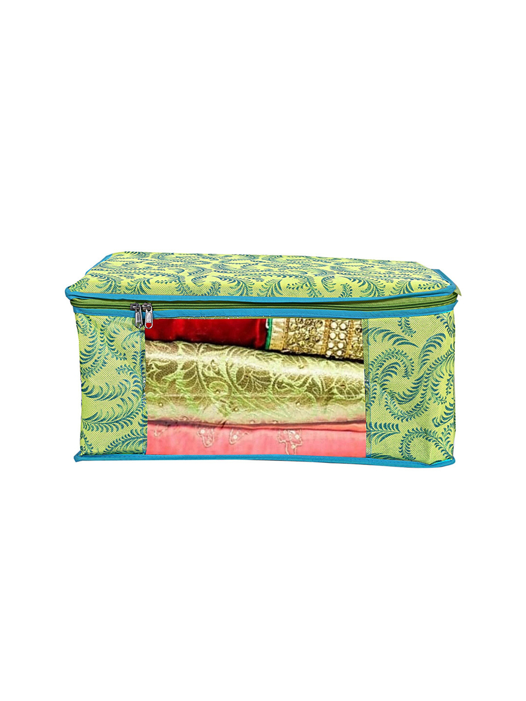 Home Fresh Green & Blue Printed Canvas Saree Organiser