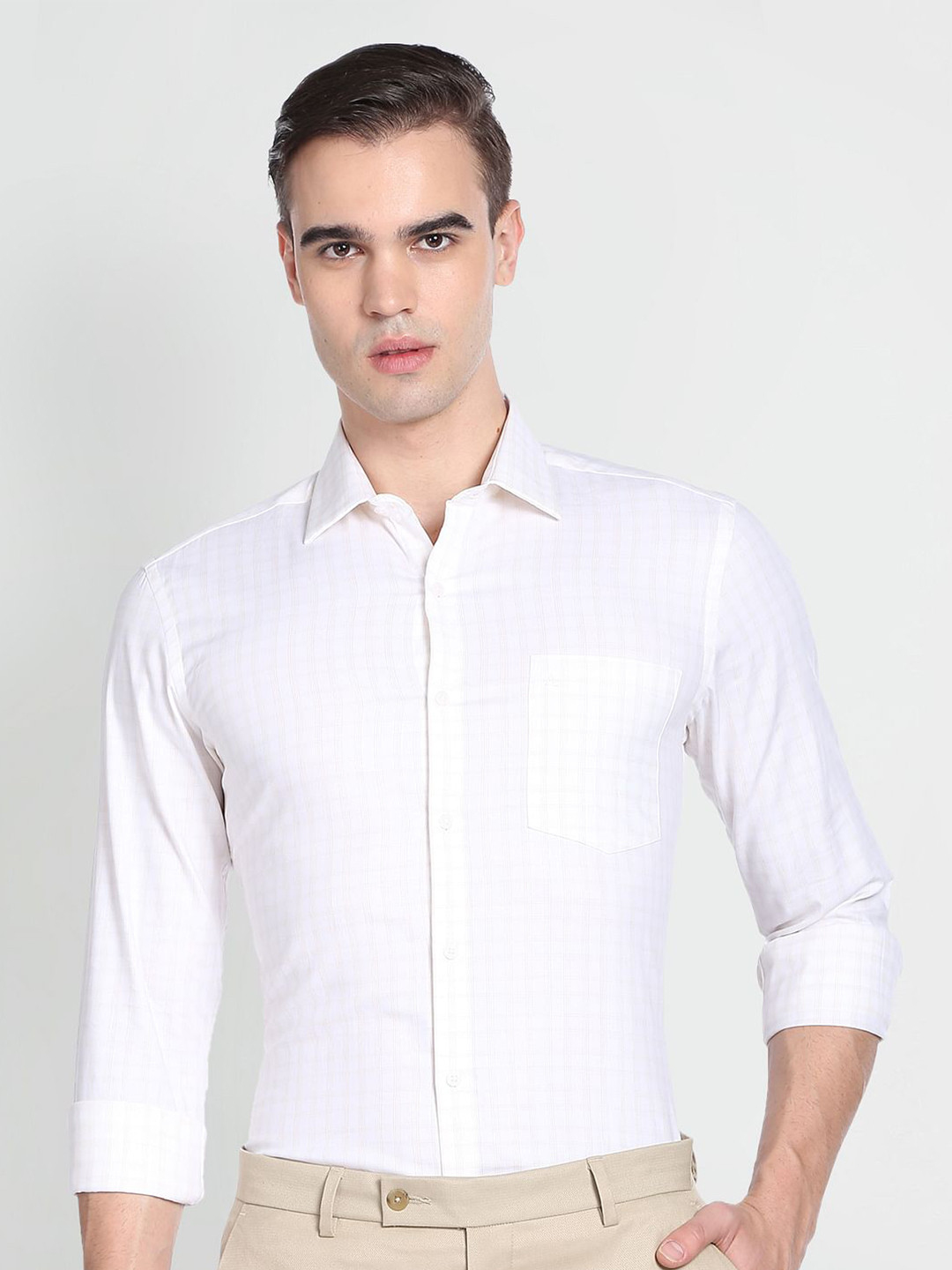 Arrow Checked Spread Collar Slim Fit Formal Cotton Shirt