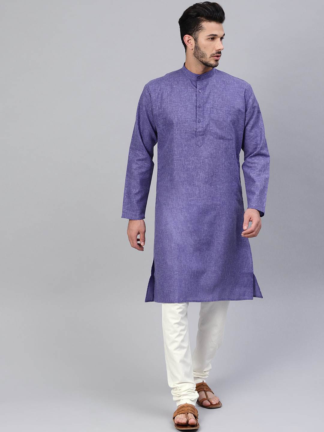 SOJANYA Mandarin Collar Patch Pocket Straight Cotton Linen Kurta