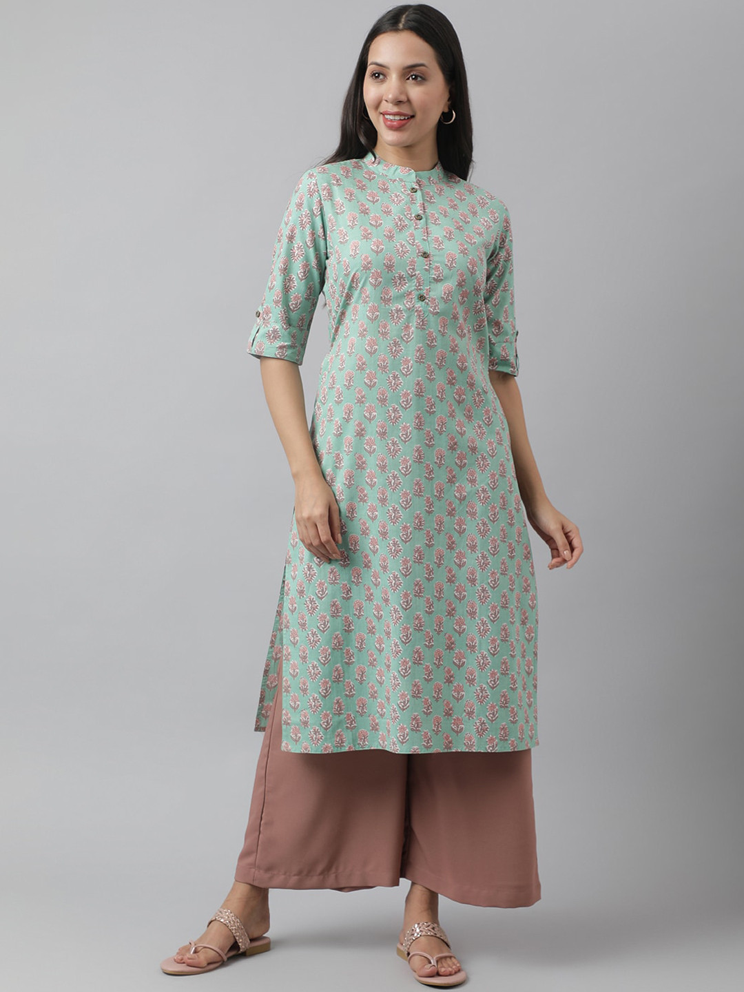 Divena Floral Printed Roll-Up Sleeves Cotton Kurta