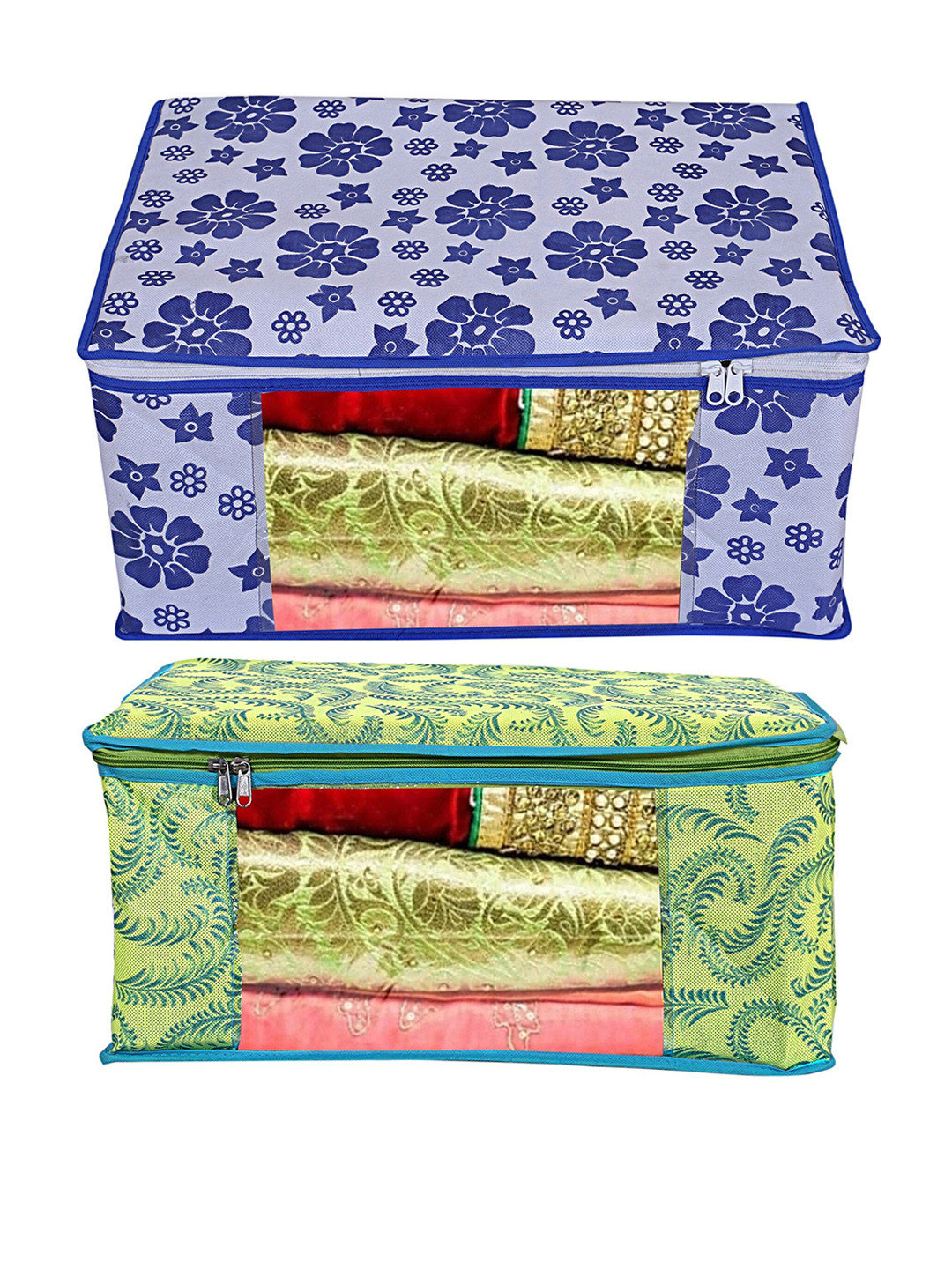 Home Fresh Green & Blue 2 Pieces Printed Saree Covers With Transparent Window