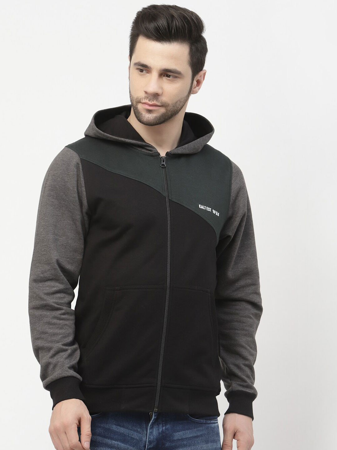 Kalt Hooded Colourblocked Front-Open Fleece Sweatshirt