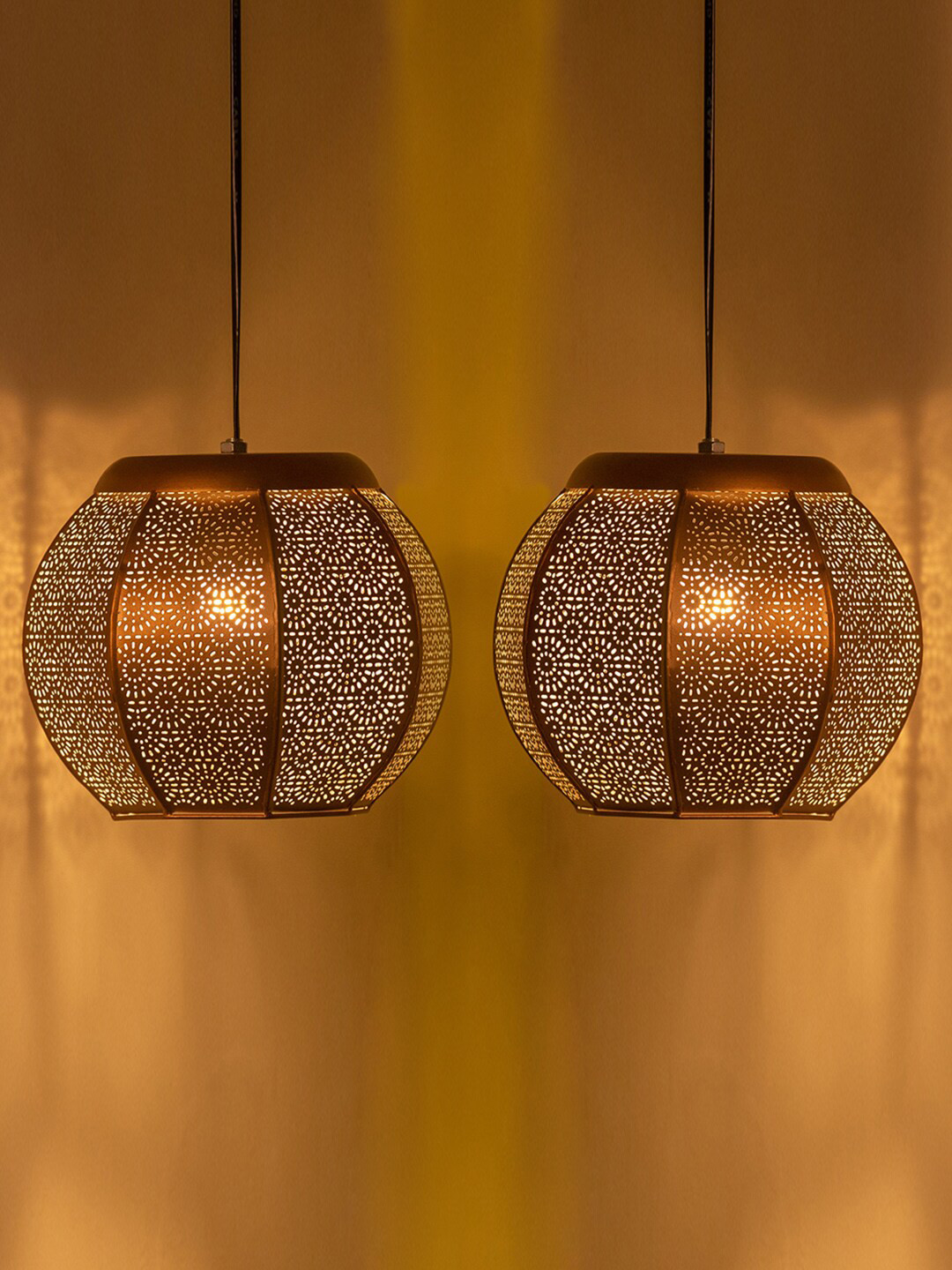 ExclusiveLane Moroccan Treasure 2-Pcs Brown Textured Iron Hanging Pendant Lamp