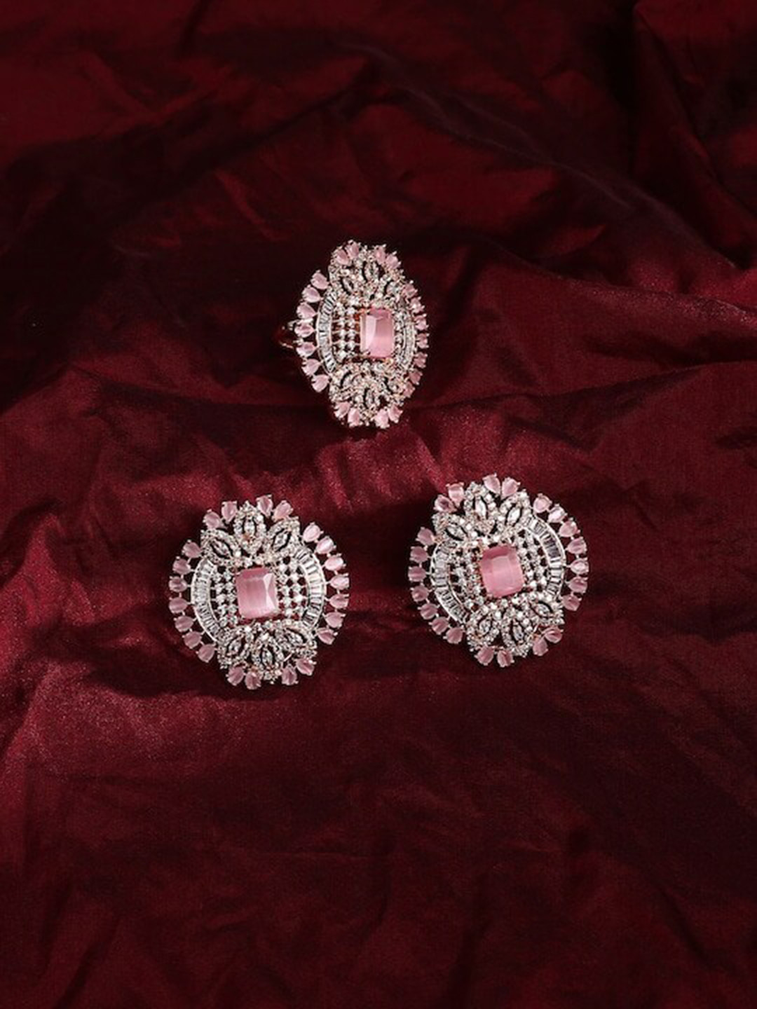 justpeachy Rose Gold-Plated AD Studded Vilandi Finger Ring and Earrings