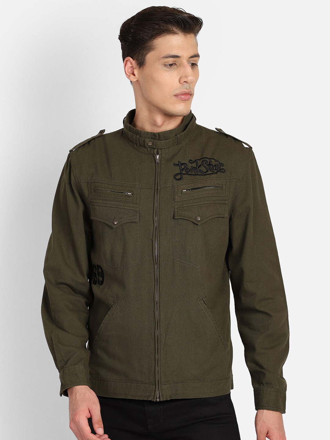 PUNK Band Collar Twill Weave Cotton Casual Shackets Shirt