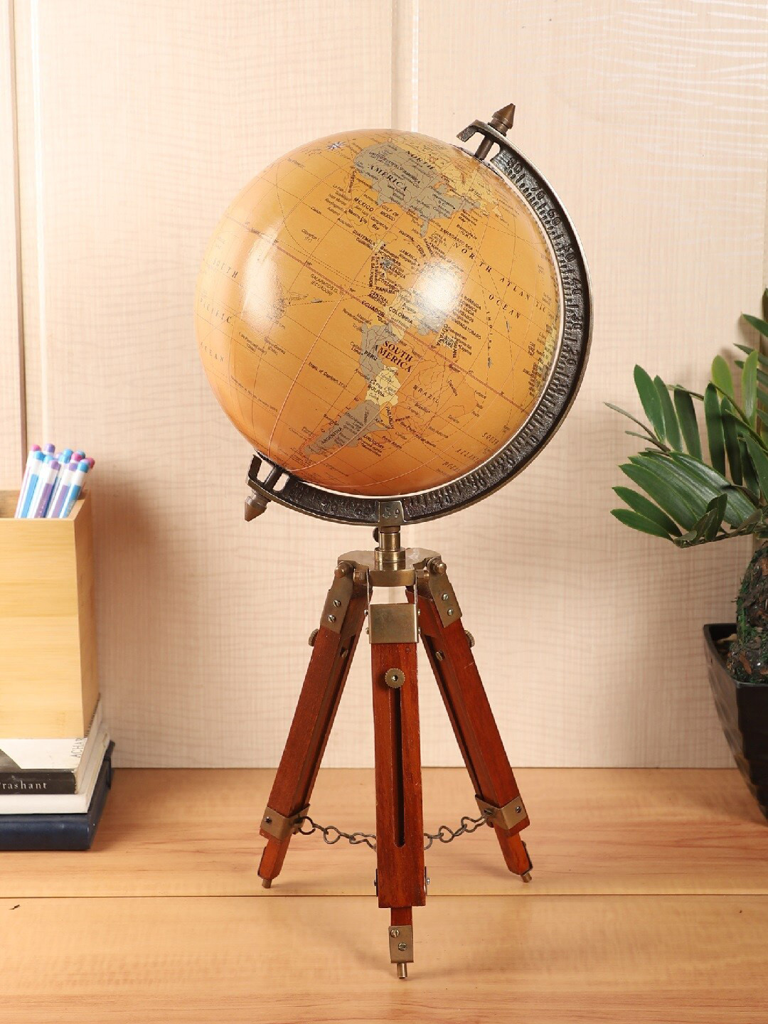 EXIM DECOR Orange Globe with Wooden Tripod Stand Showpiece