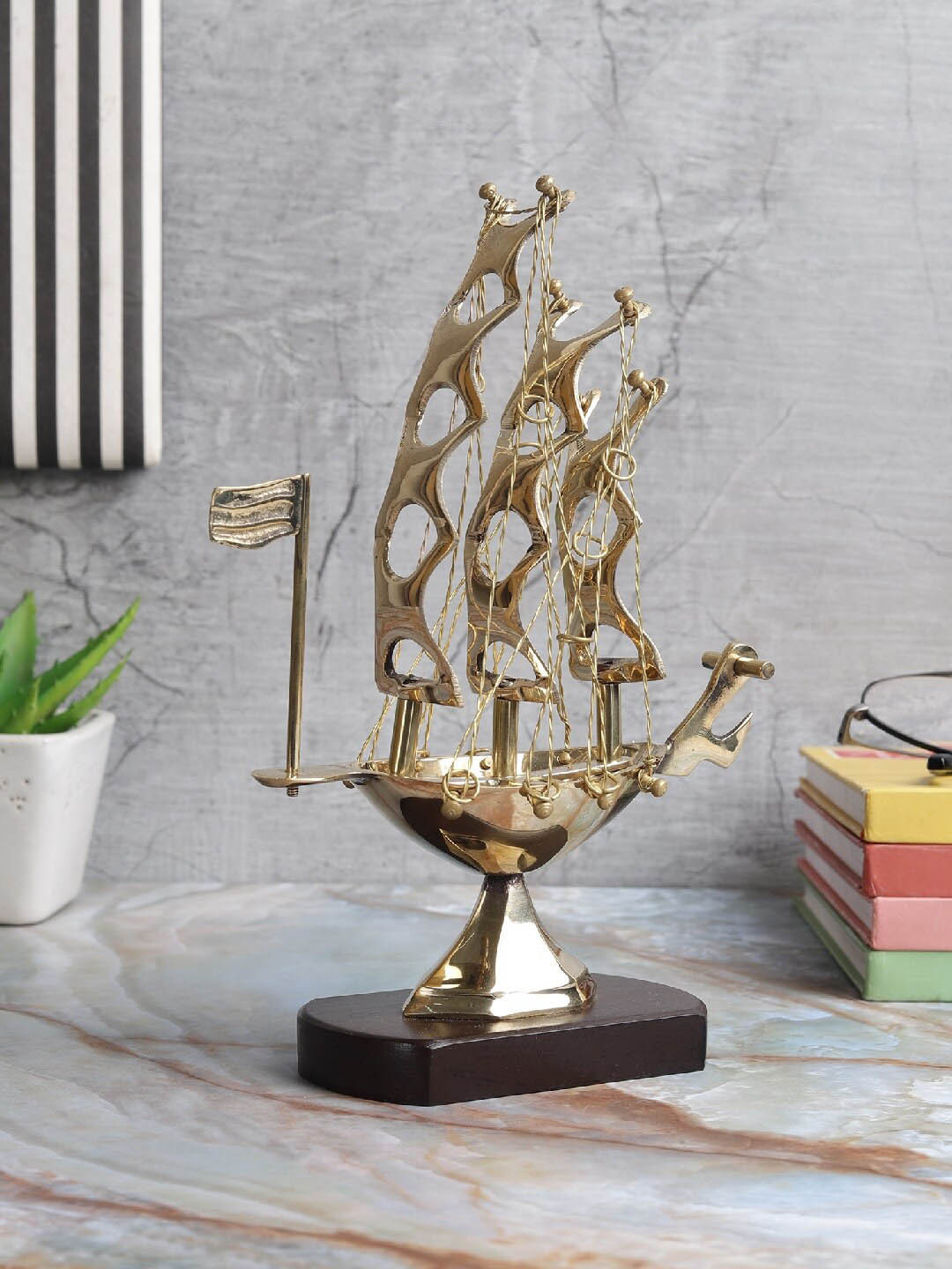 EXIM DECOR Sailing Ship Brown Brass Metallic Study Room Medium Showpiece - 9 Inches