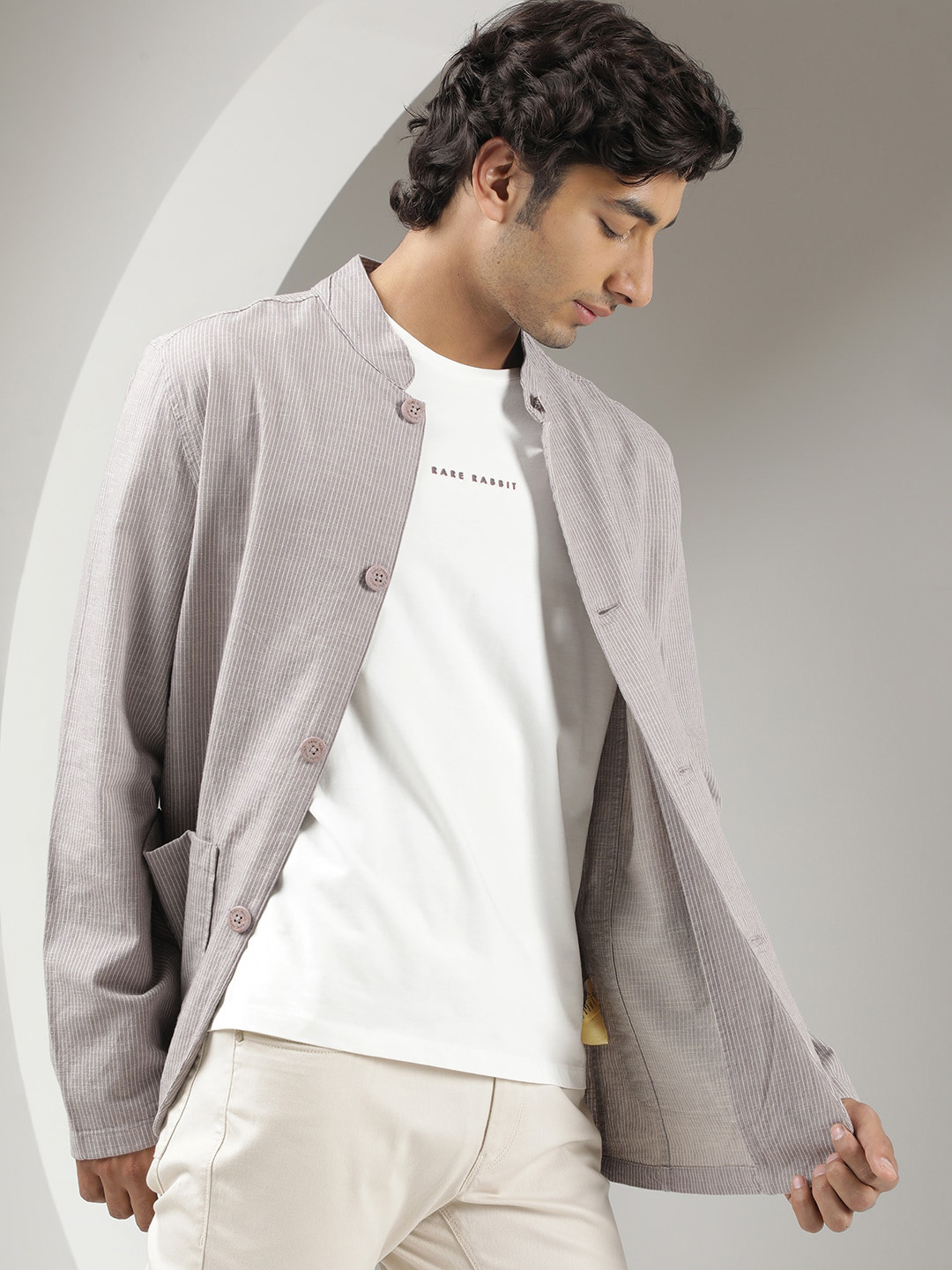 RARE RABBIT Men Trex Tailored Fit Mandarin Collar Cotton Jacket