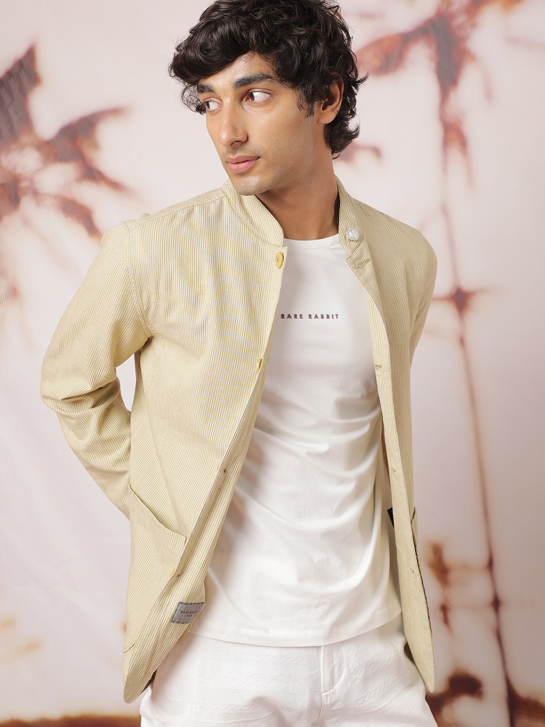 RARE RABBIT Men Trex Tailored Fit Striped Mandarin Jacket