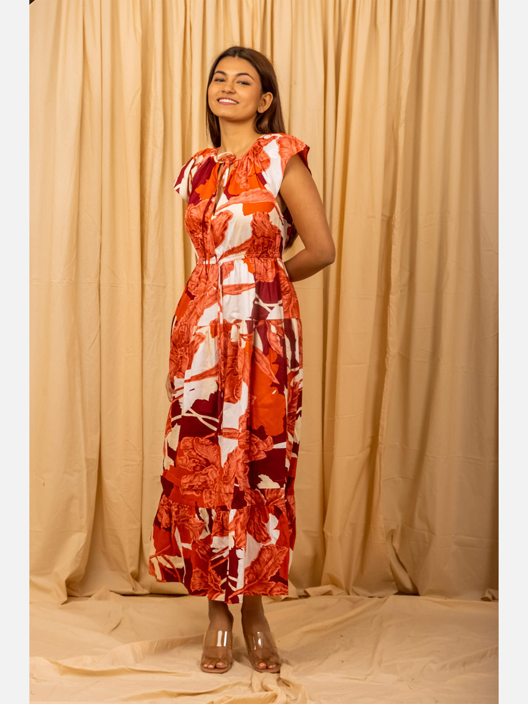 ELEVEN.O.ONE Floral Printed Tie-Up Neck Fit & Flare Maxi Dress