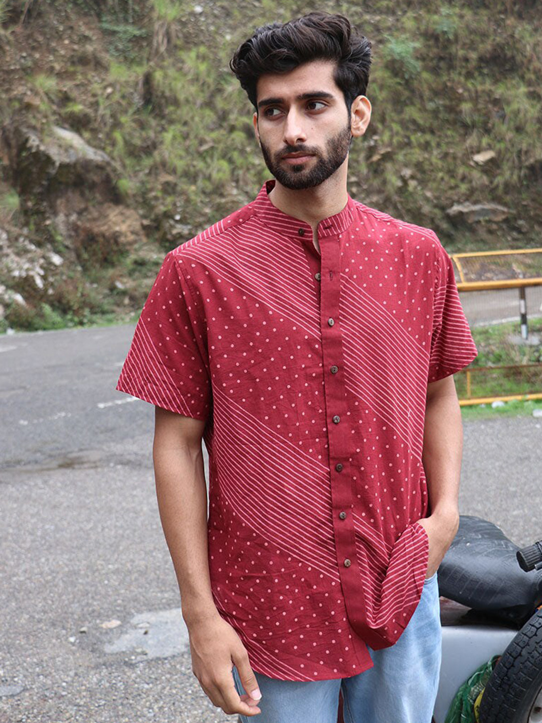 Chidiyaa Standard Polka Dots Printed Mandarin Collar Cotton Casual Shirt