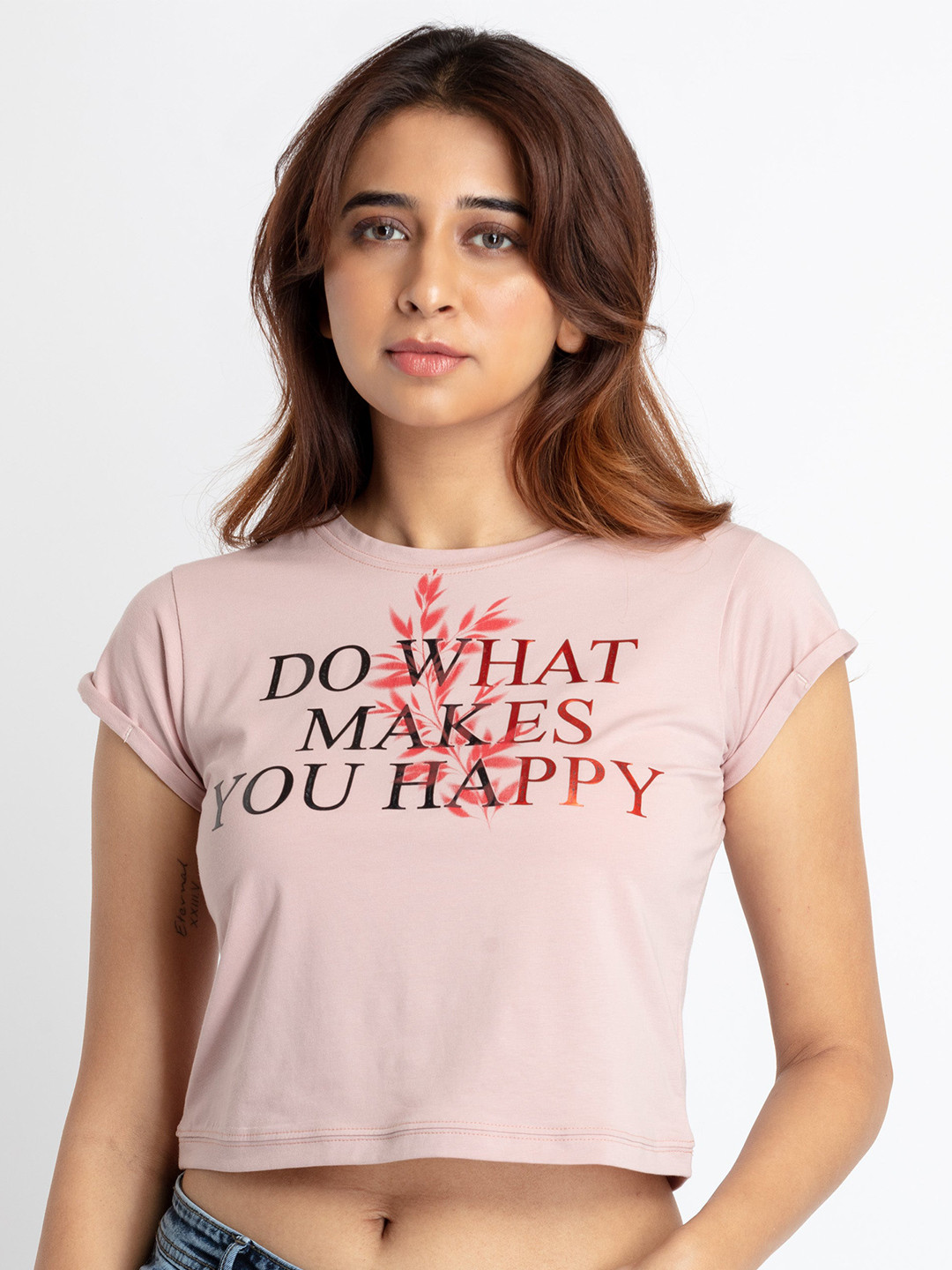 Status Quo Women Typography Printed Round Neck Regular Sleeves Cotton Crop T-shirt