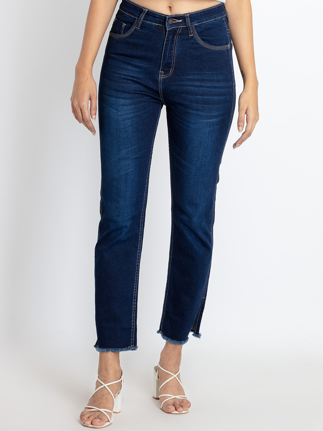 Status Quo Women Straight Fit Light Fade Cotton Slit Jeans
