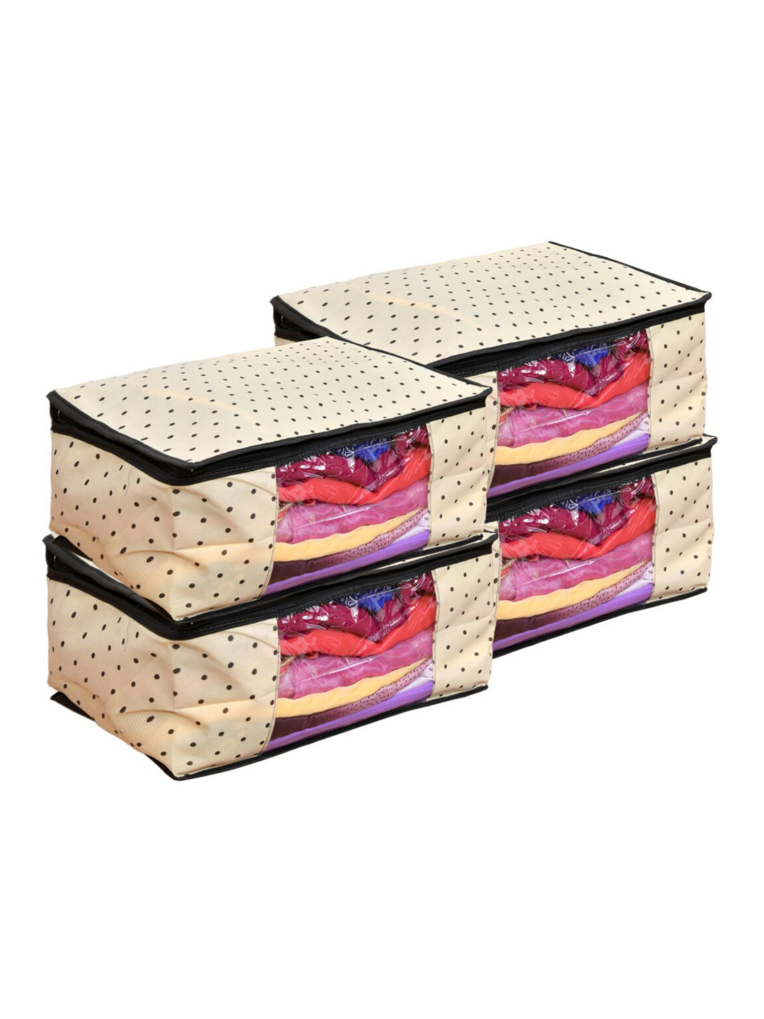 Home Fresh Cream-Coloured & Black 4 Pieces Polka Dot Printed Multi Utility Organisers