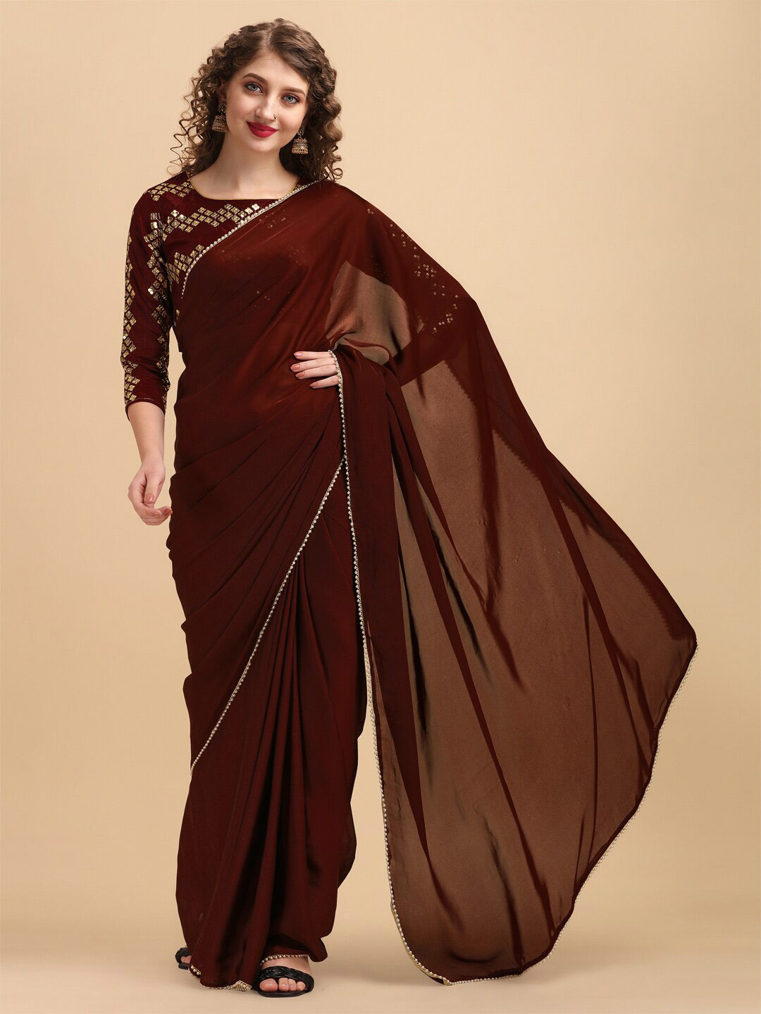 Sangria Pearl Border Detail Saree With Embroidered Blouse and Sleeves