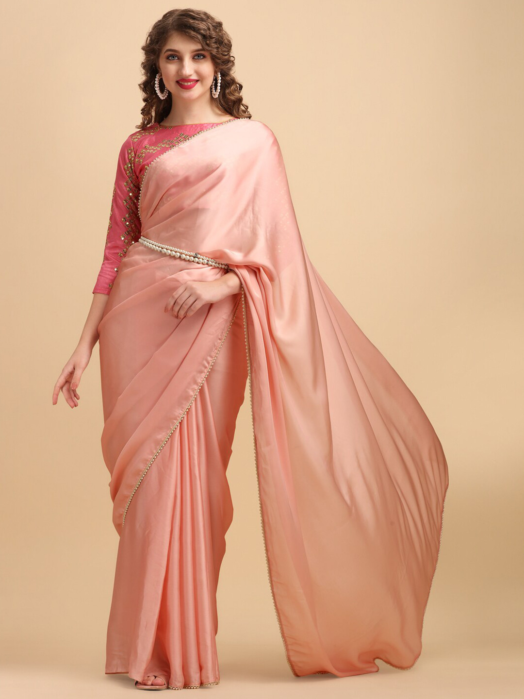 Sangria Embellished Pearl Border Saree With Embroidered Blouse