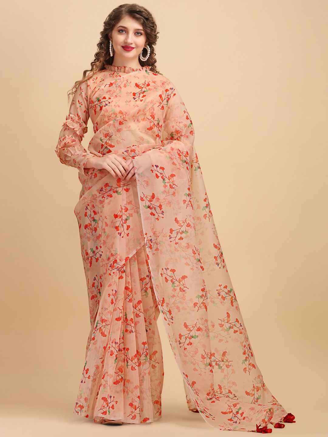 Sangria Floral Printed Organza Saree