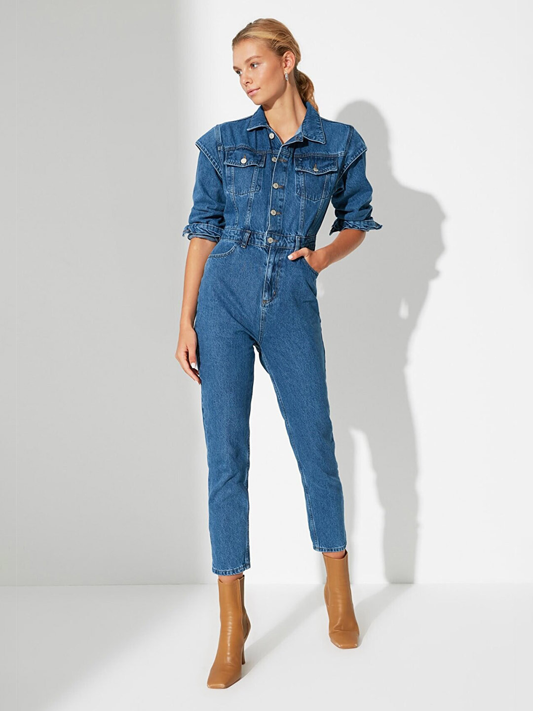 Trendyol Flap Pockets Shirt Collar Cotton Denim Jumpsuit