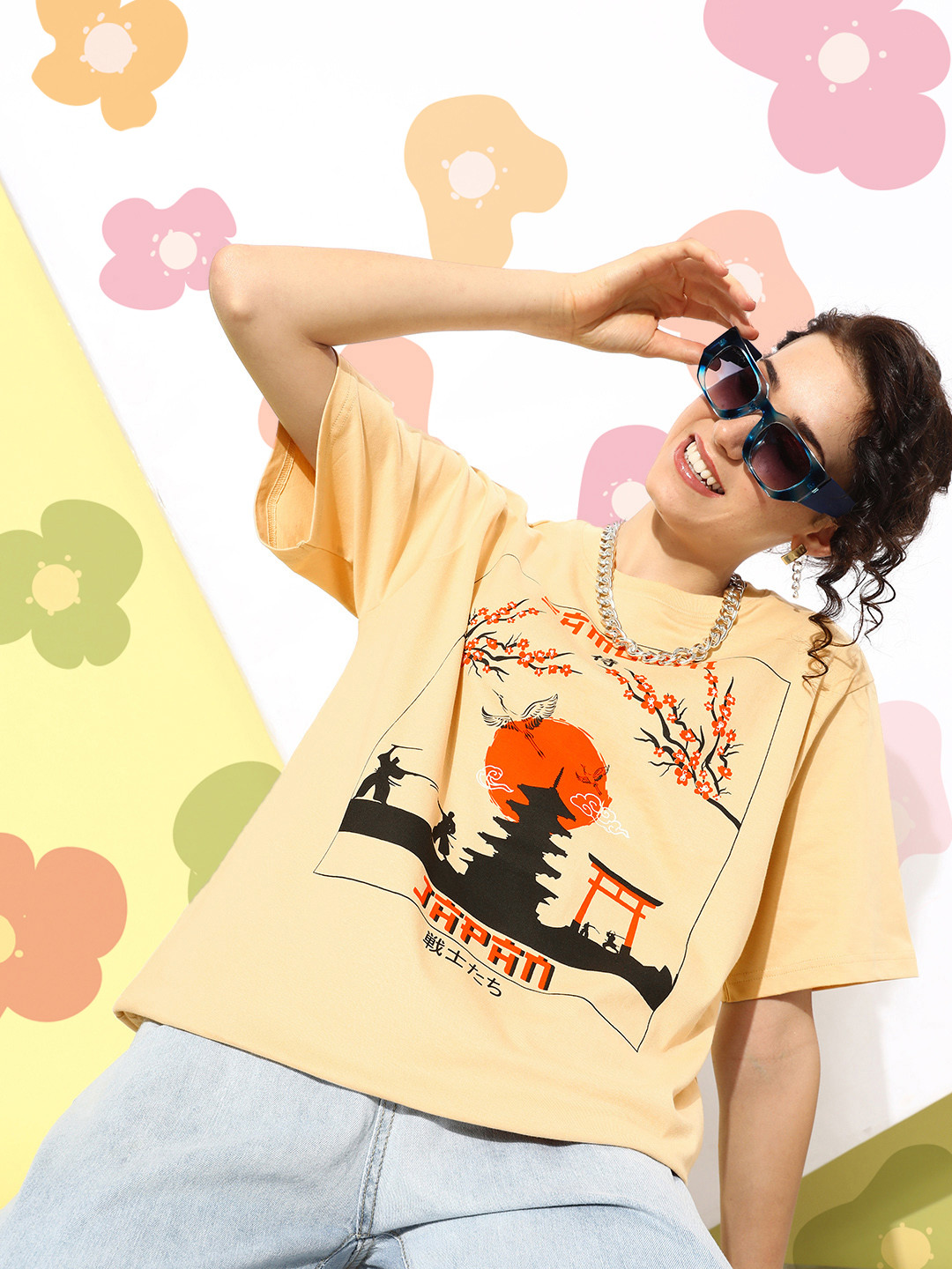 DILLINGER Beige & Black Printed Oversized Pure Cotton Longline T-shirt