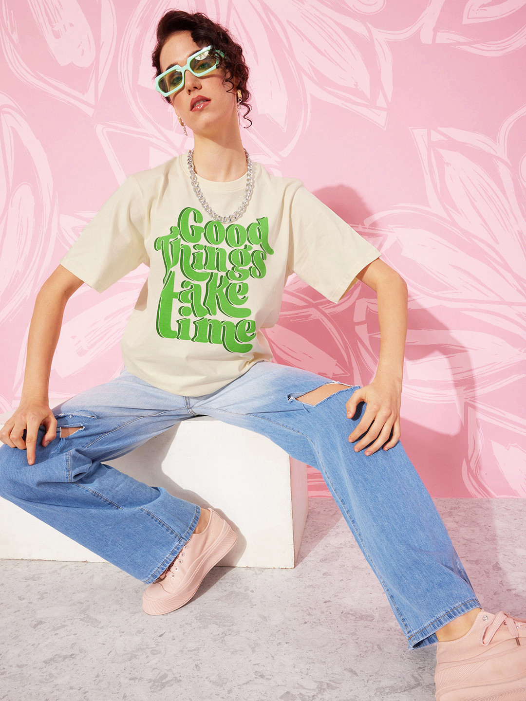 DILLINGER Off White & Green Typography Printed Oversized Pure Cotton Longline T-shirt