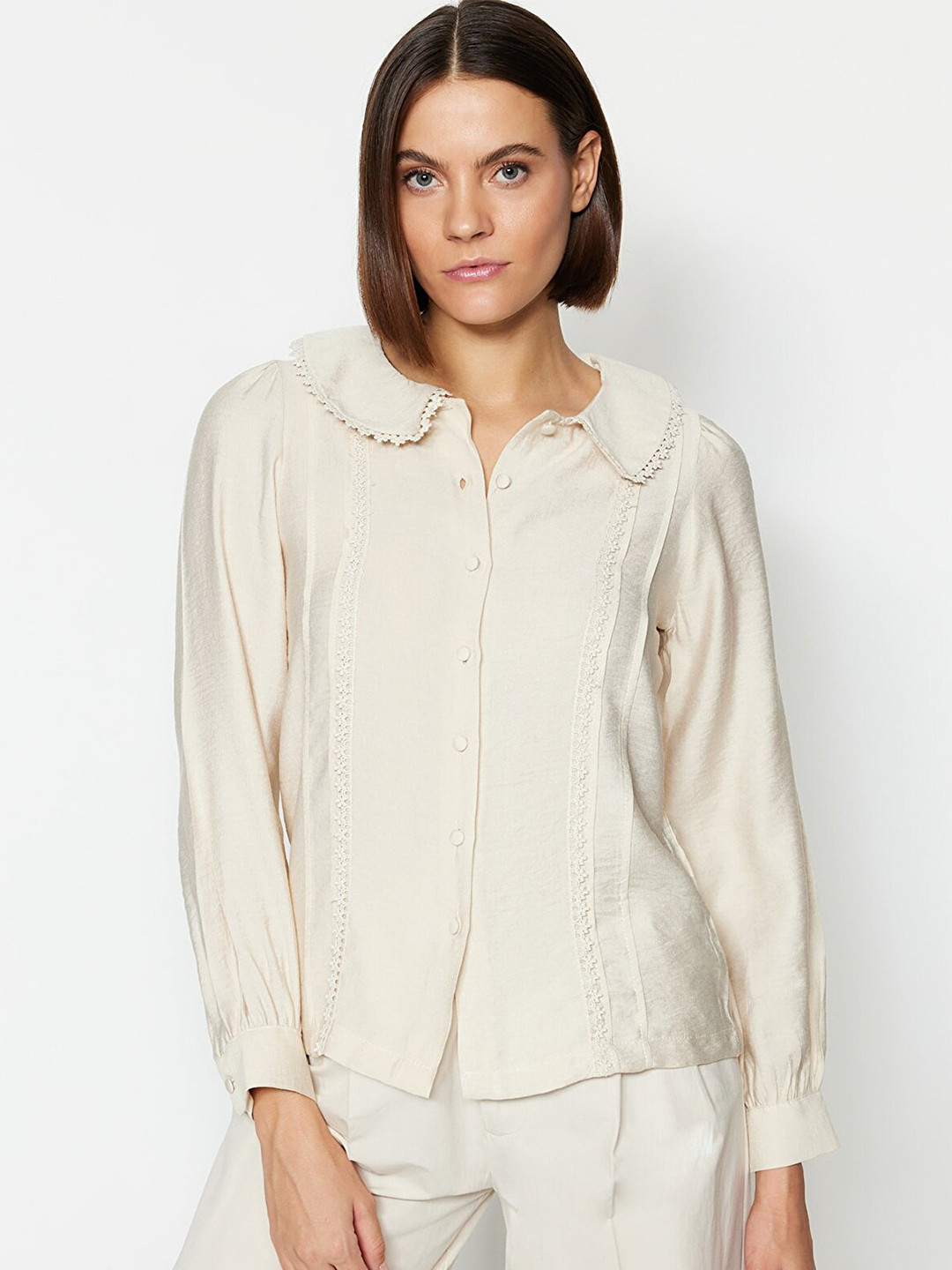 Trendyol Embellished Puff Sleeves Spread Collar Casual Shirt