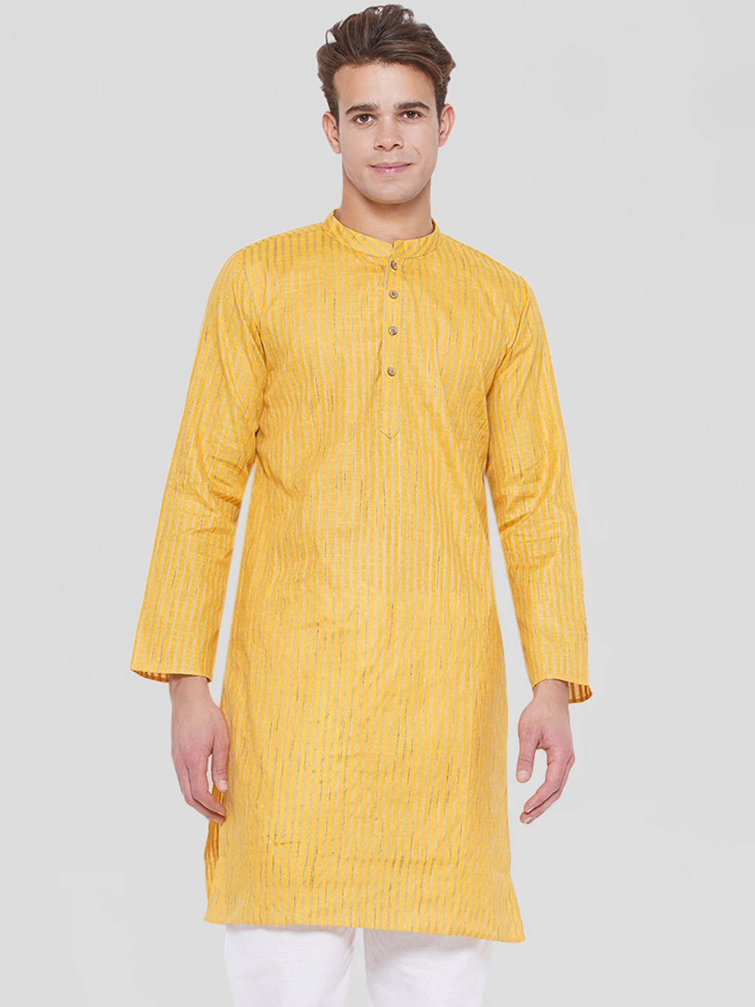 Vastraa Fusion Striped Band Collar Pure Cotton Kurta