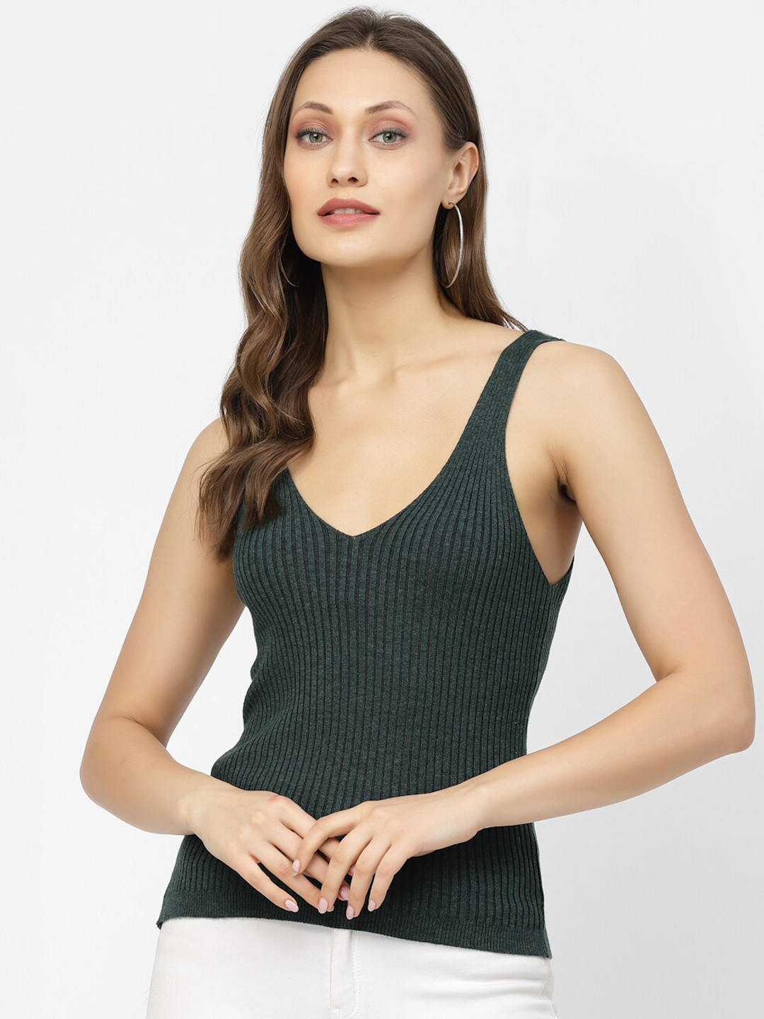 Kalt Green Striped V-Neck Cotton Ribbed Tank Top