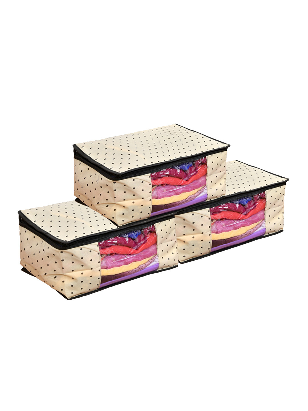 Home Fresh Cream-Colored & Black 3 Pcs Dot Printed Multi-Utility Organisers