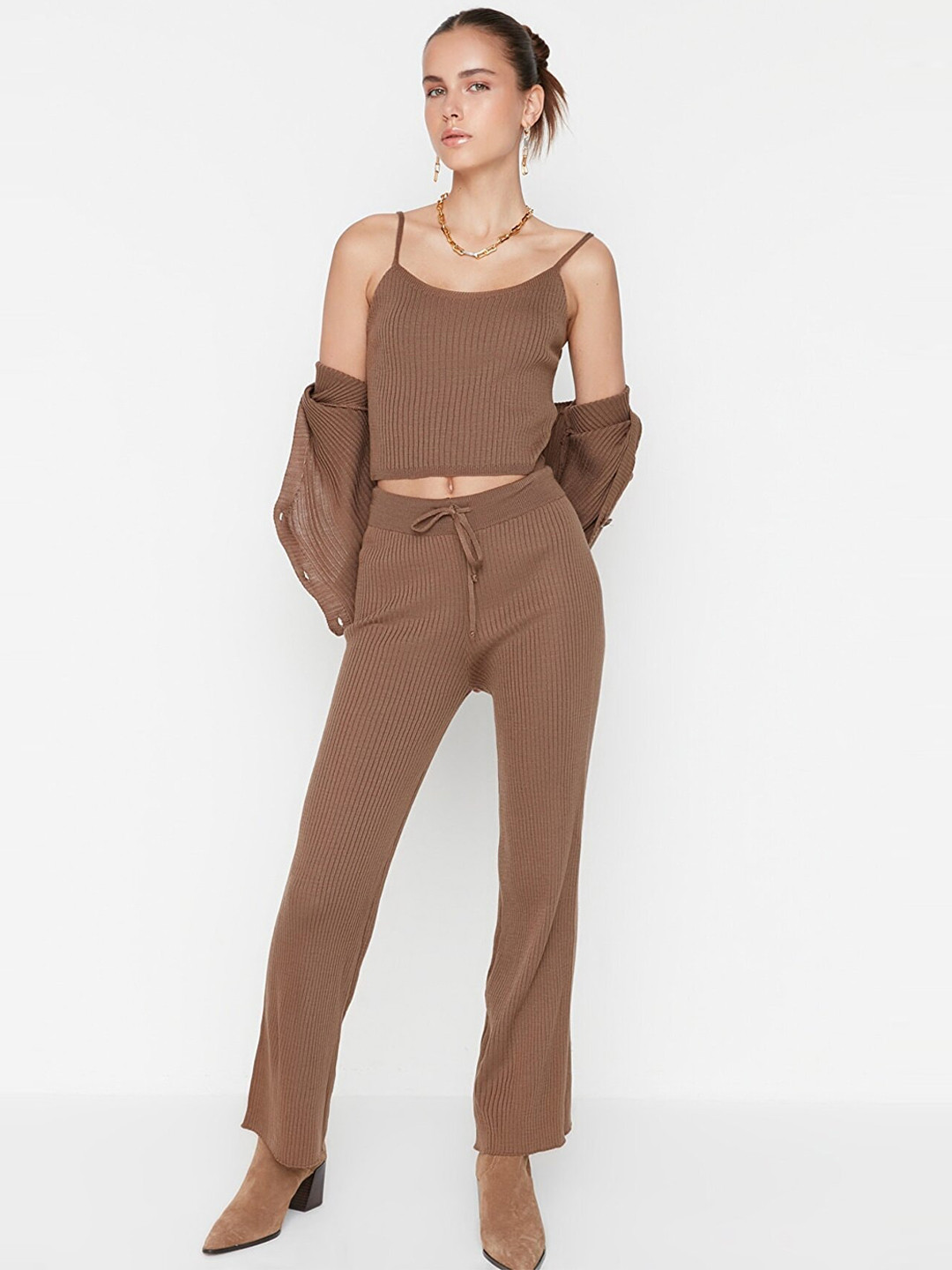 Trendyol Self Design Acrylic Top & Trouser Co-Ords With Jacket