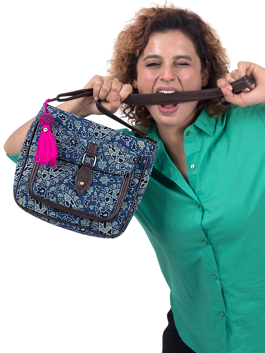 NEPRI Ethnic Motifs Pure Cotton Structured Sling Bag With Tasselled