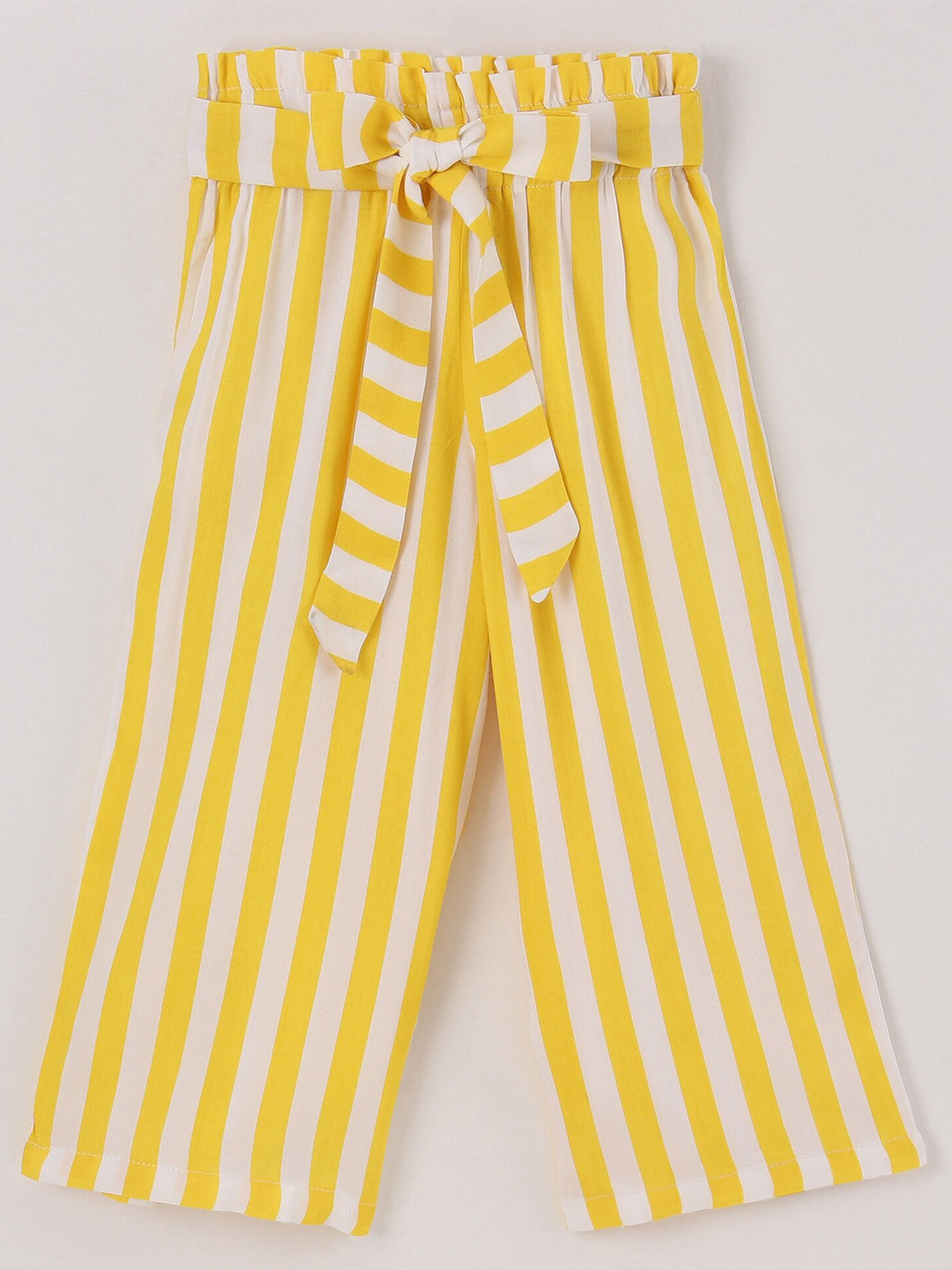 CrayonFlakes Girls Yellow & White Striped Knitted Palazzos