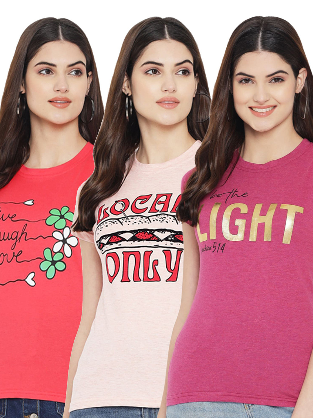 Fabflee Pack Of 3 Typography Printed Cotton T-shirt