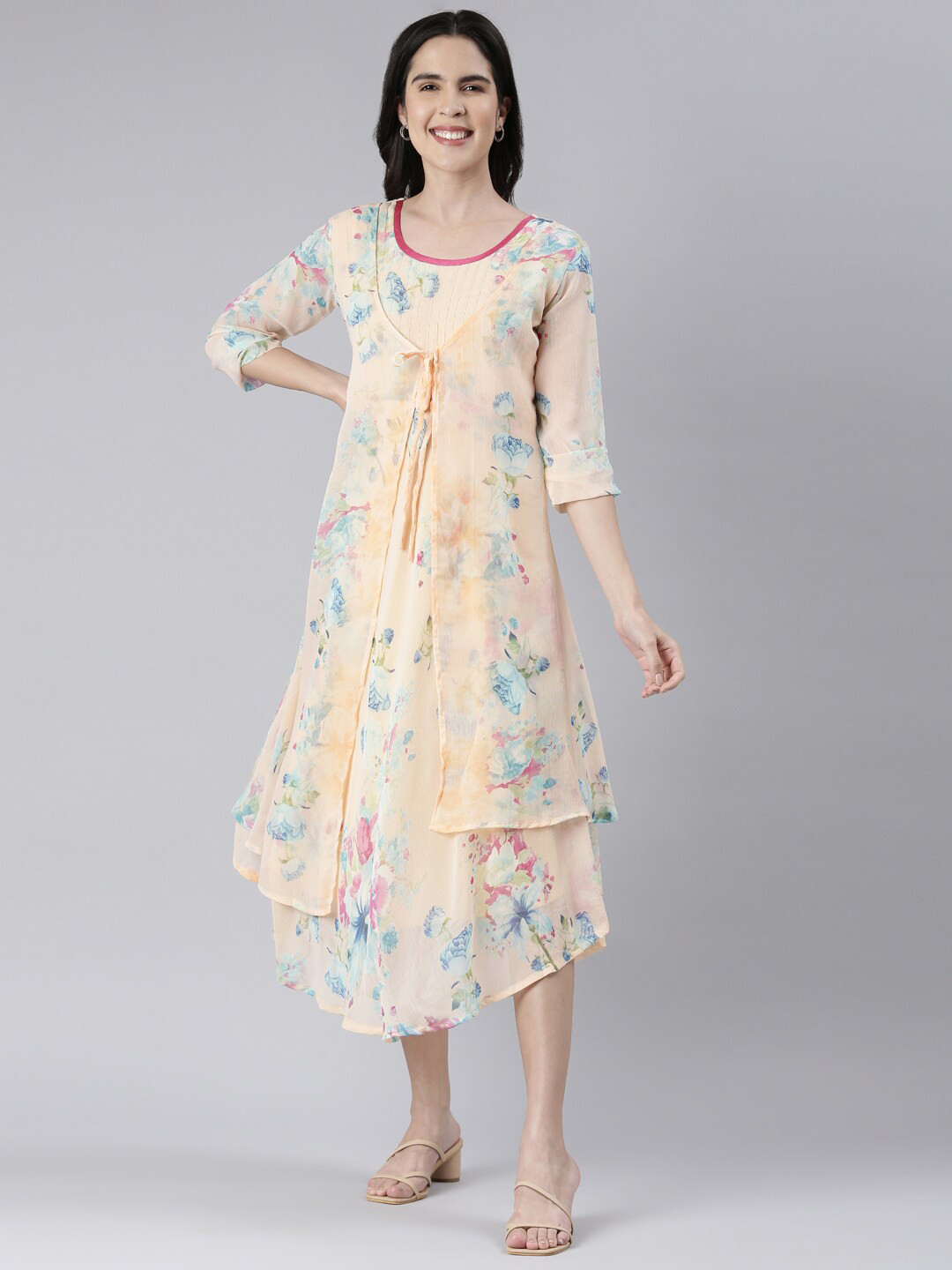 Souchii Printed Layered Tie-Up Detail Semi Sheer Asymmetric Chiffon A-Line Midi Dress