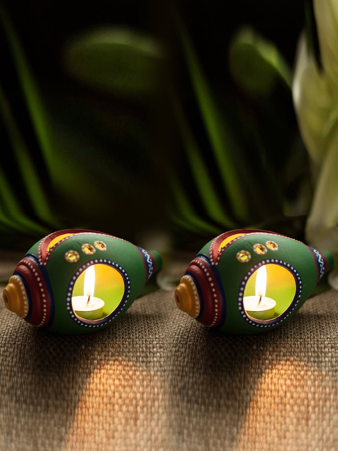 ExclusiveLane 2 Pieces Green Clay Hand-Painted Shankh Shaped Table Tea-Light Candle Holder