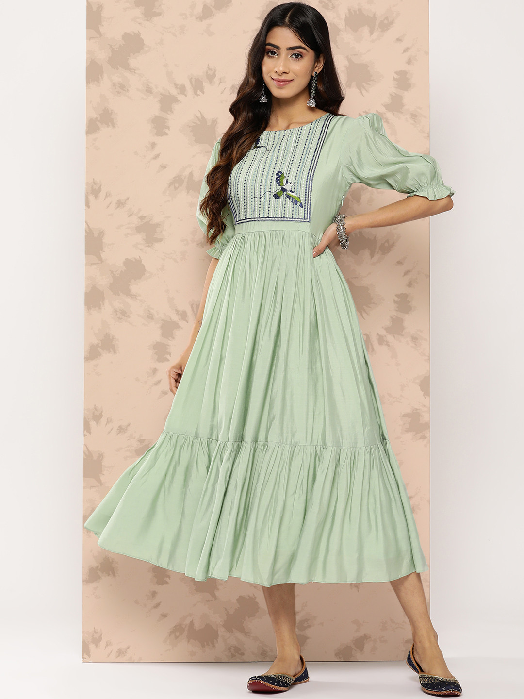 Inddus Embroidered Yoke Design Puff Sleeves Midi Ethnic Dress