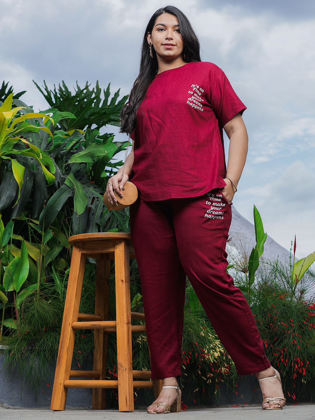 9shines Label Linen Maroon Round Neck Night Suit