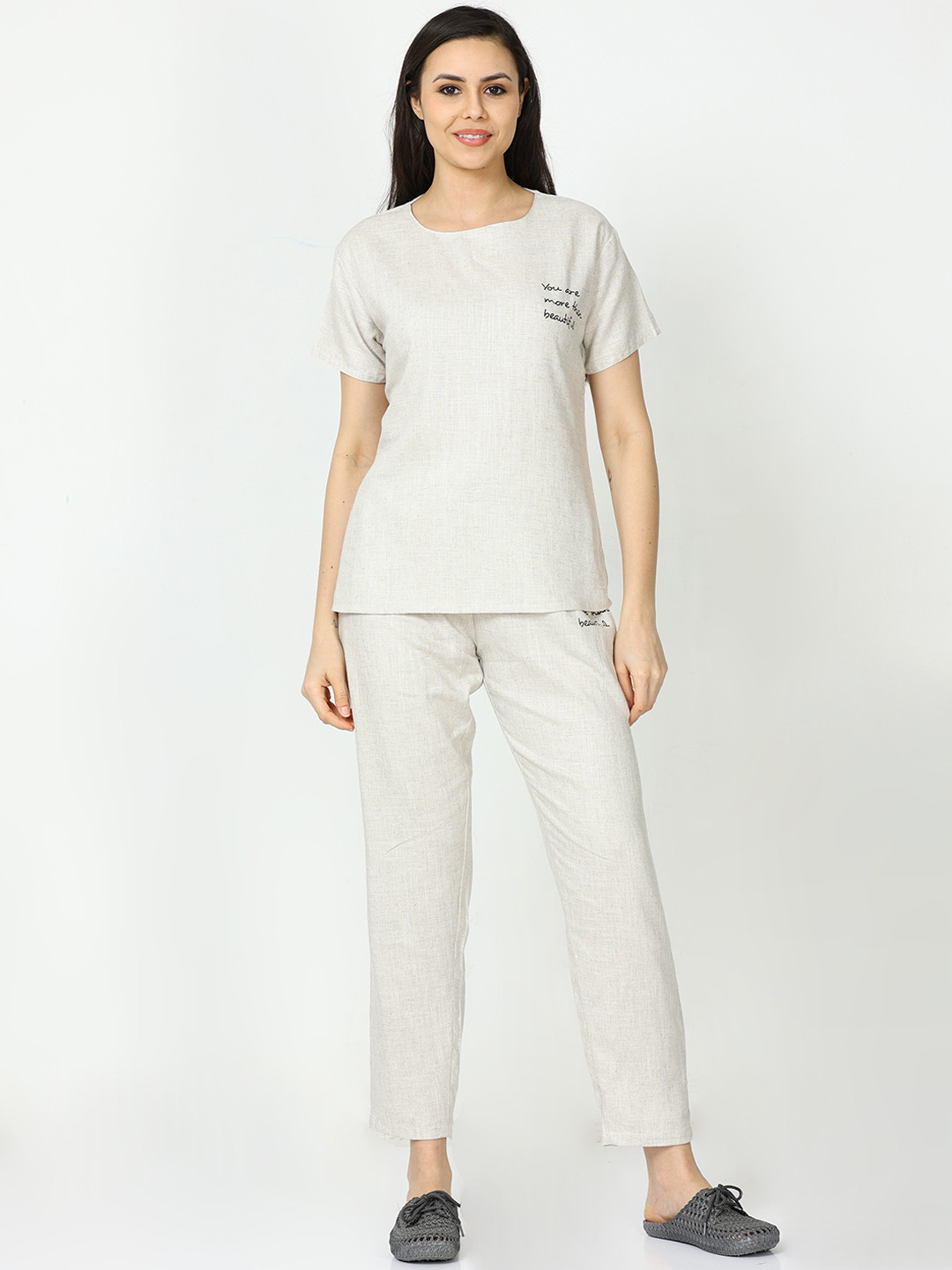 9shines Label Pure Linen Round Neck Night Suit with Pockets