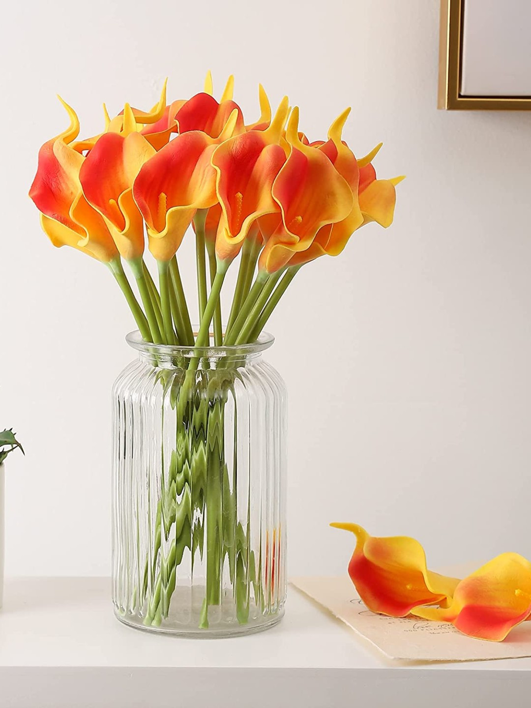 TIED RIBBONS Orange-Coloured & Green 10 Pieces Artificial Calla Lily Flowers Bunch