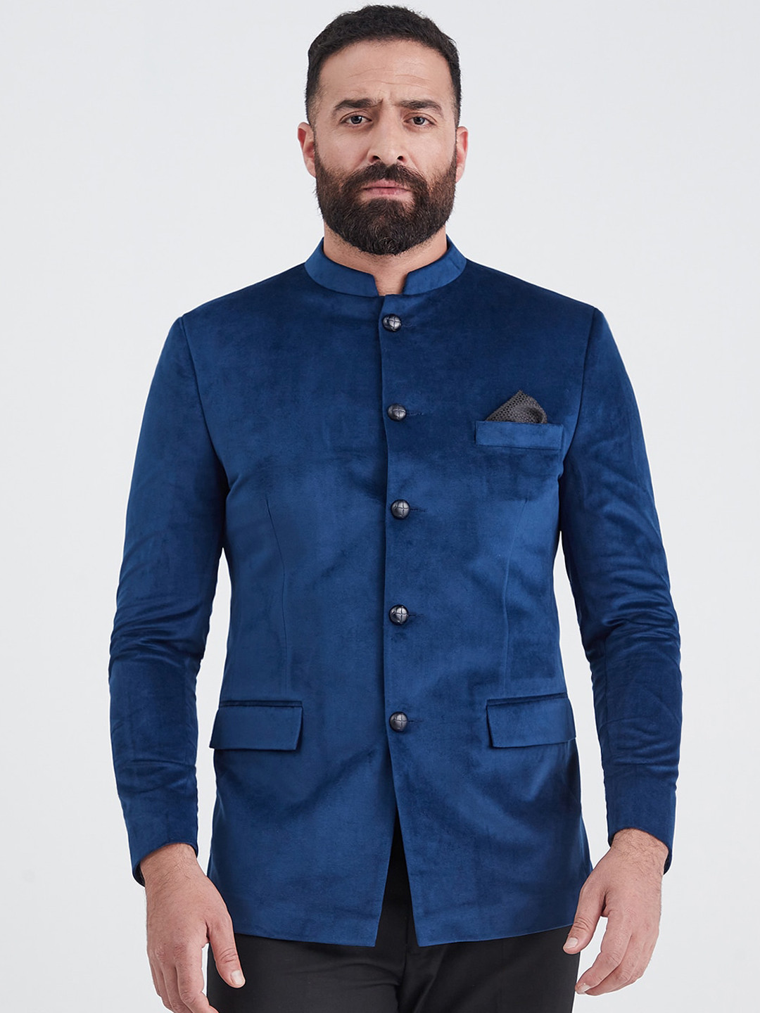 MR BUTTON Self Design Slim Fit Velvet Blazer