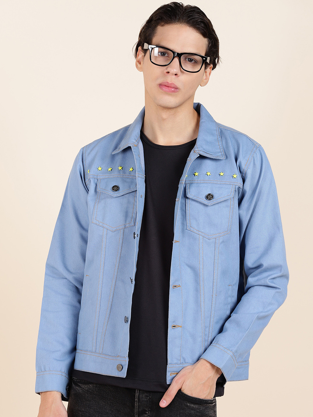 MONTREZ Spread Collar Denim Jacket With Studs