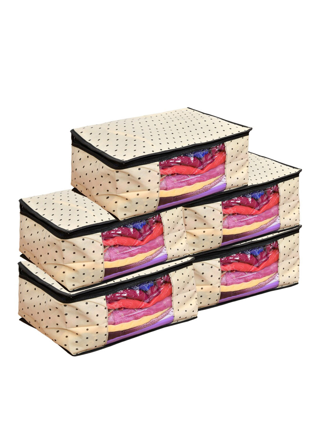 Home Fresh Cream-Colored & Black 5 Pieces Polka Printed Multi-Utility Organisers