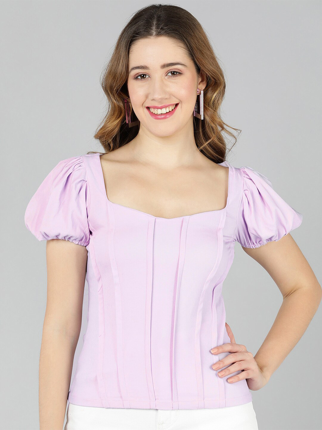 Golden Kite Pleated Square Neck Puff Sleeves Top