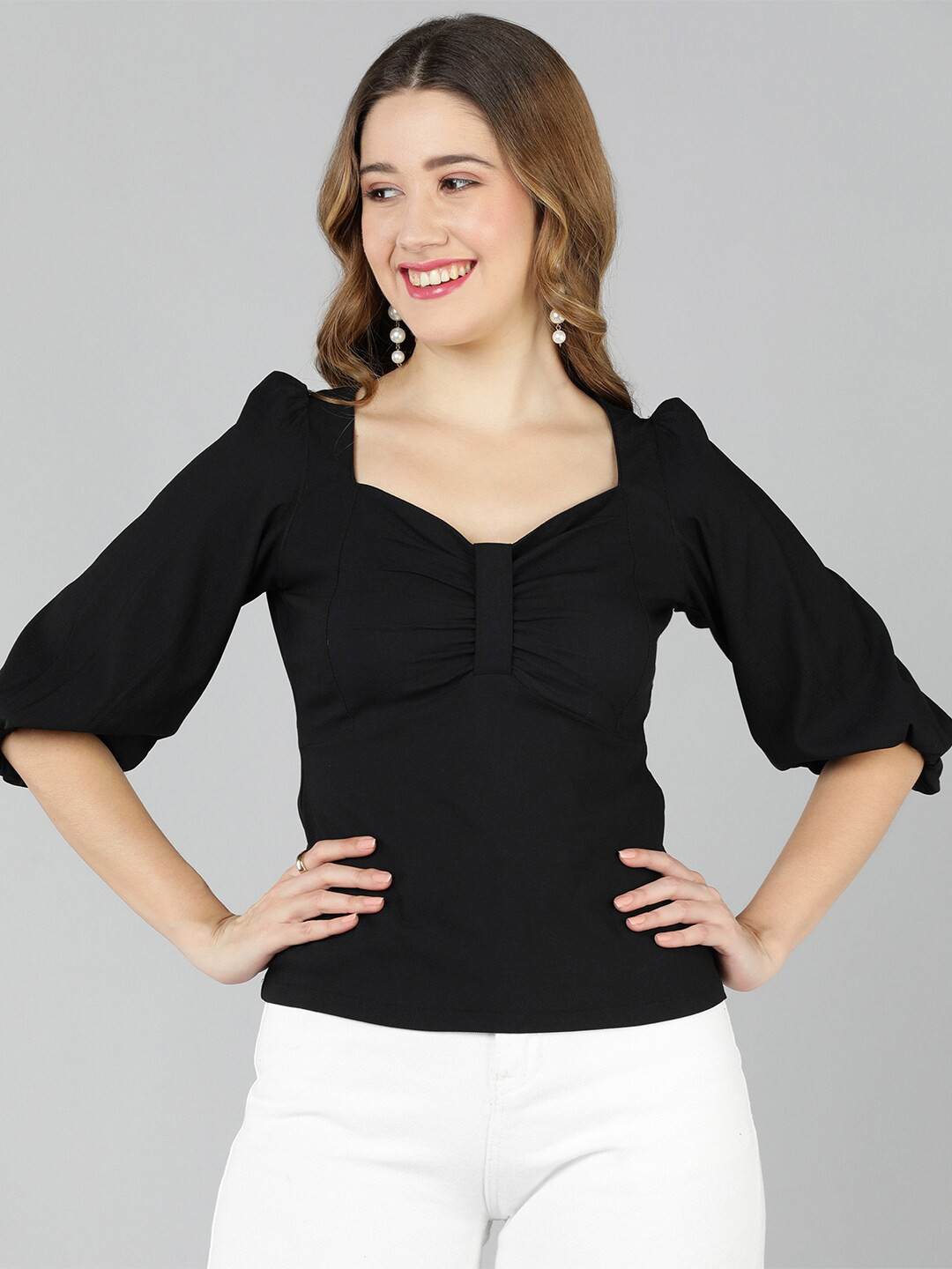 Golden Kite Sweetheart Neck Puff Sleeves Fitted Top