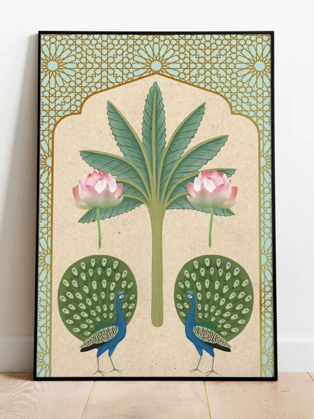 INDIAN CLASSIC ART Green & Beige Peacock Indian Art Framed Pichwai Wall Painting